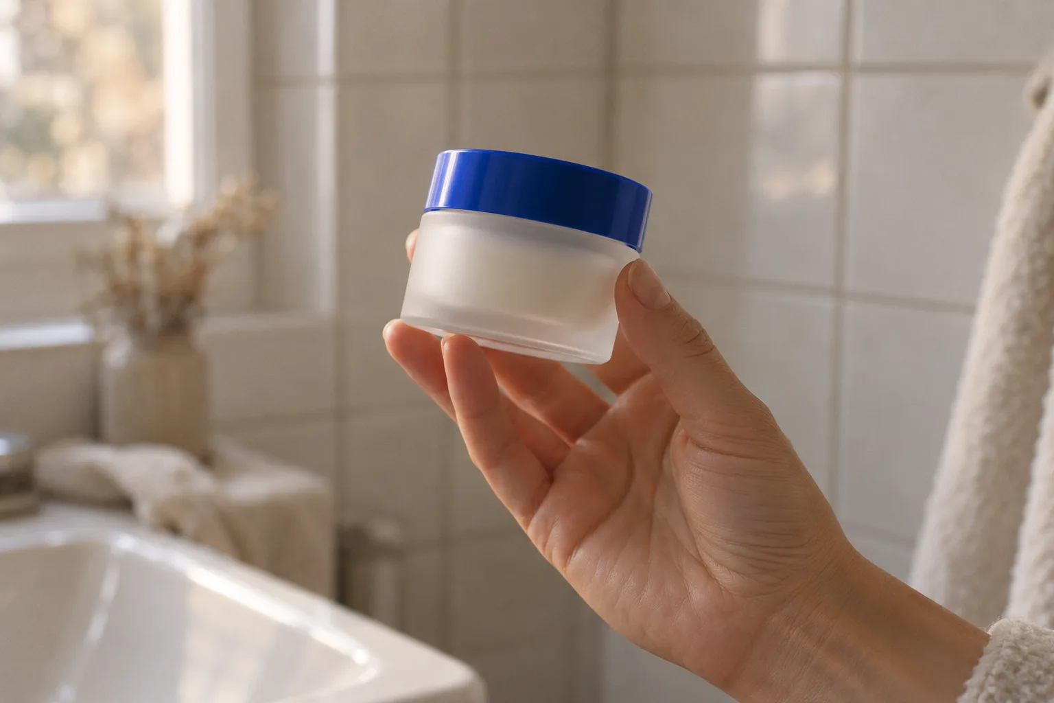 A hand holding a small frosted cosmetic jar with an electric-blue lid up to soft window light, out-of-focus bathroom tiles behind.
