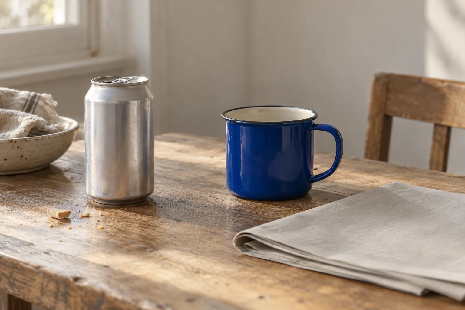 A kitchen table in morning light with a plain unbranded drinks can, crumbs, a folded newspaper and an electric-blue enamel mug.