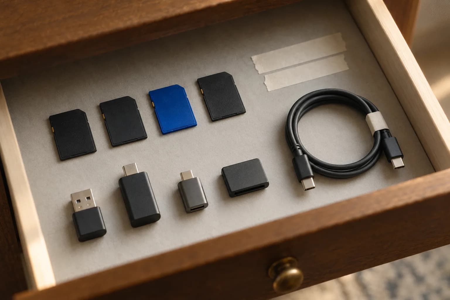 A shallow desk drawer pulled open showing neatly arranged memory cards, dongles and a cable, with one electric-blue memory card, on warm grey paper lining.
