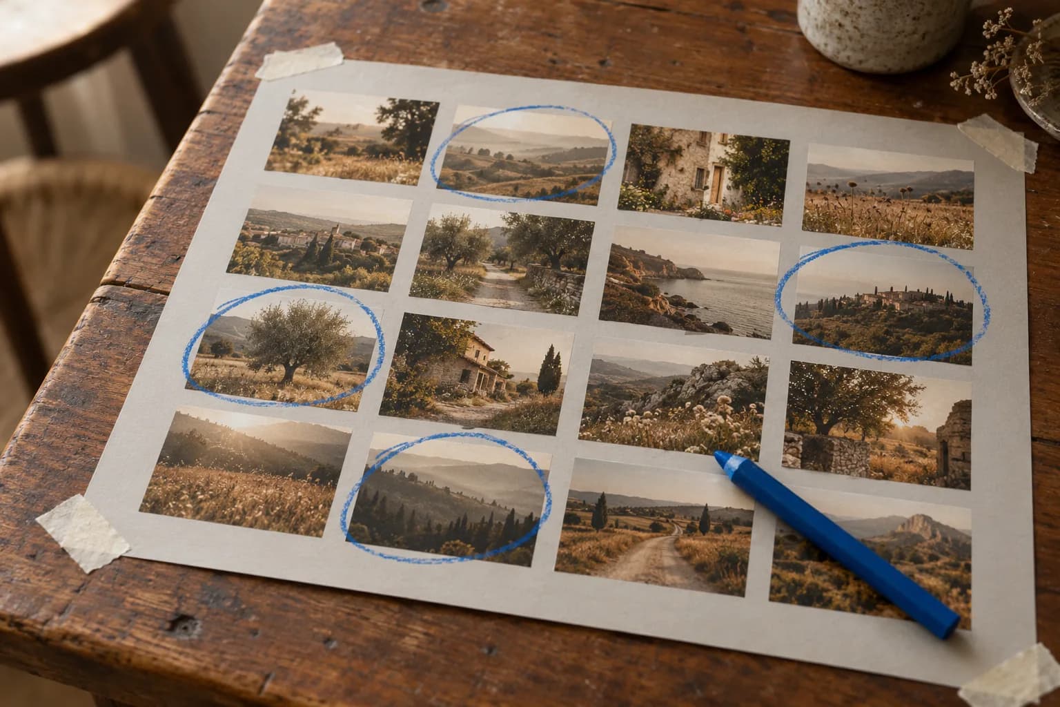 A printed contact sheet of small landscape frames on warm grey paper, several frames circled with an electric-blue grease pencil that lies across the sheet.