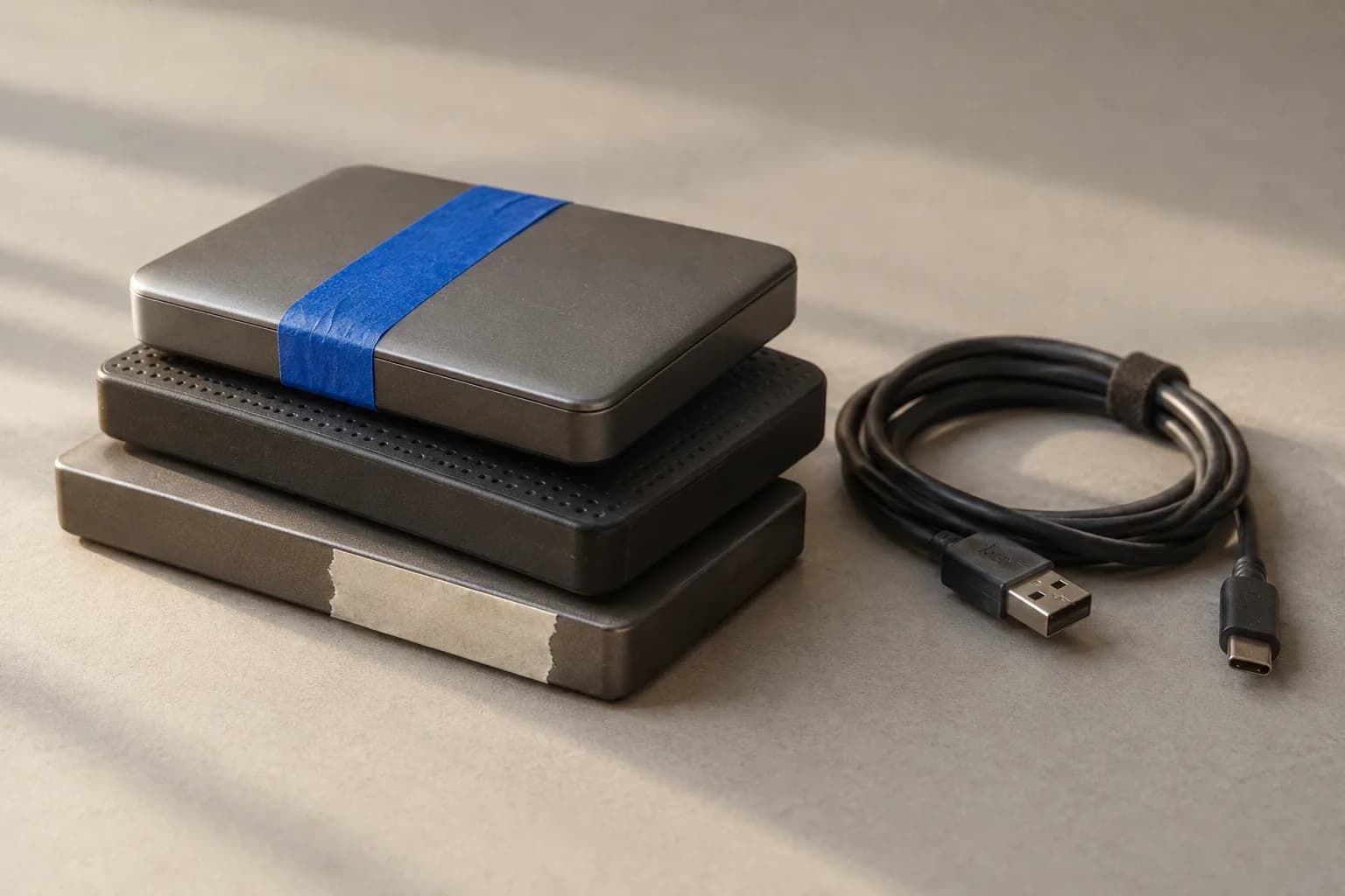 A short stack of portable hard drives on warm grey paper, the top drive wrapped with a strip of electric-blue tape, a coiled cable beside them.