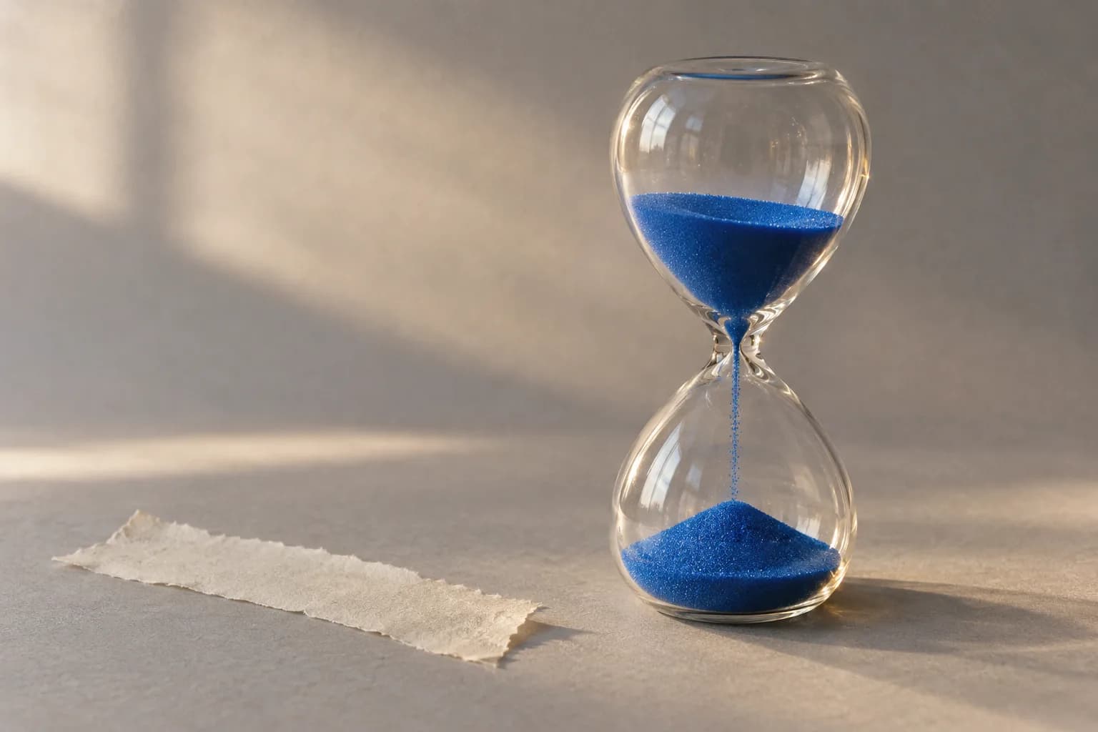 A glass hourglass with electric-blue sand running, standing on warm grey paper beside a torn strip of off-white masking tape.