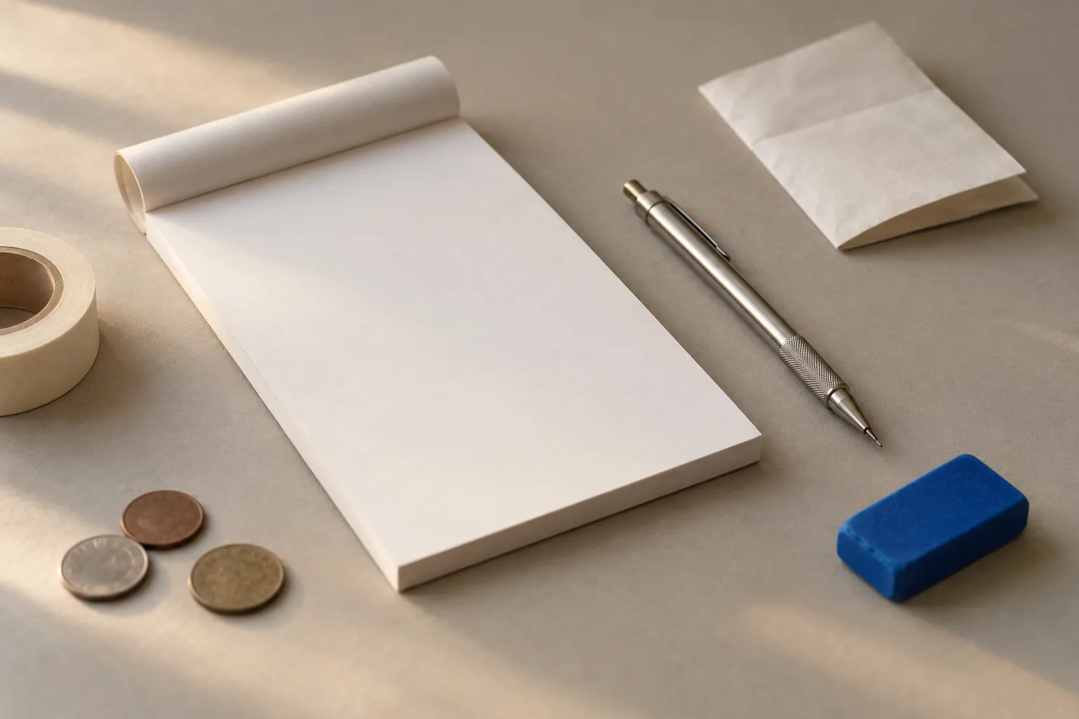 A desk with a blank white invoice pad, a mechanical pencil, a few coins, a folded receipt and an electric-blue eraser on warm grey paper.