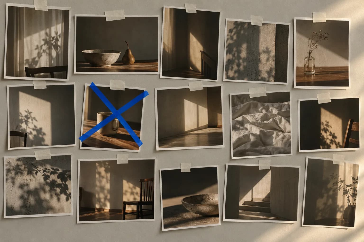 Printed film frames pinned in slightly overlapping rows to warm grey paper with strips of off-white masking tape, one frame marked with a cross of electric-blue tape.