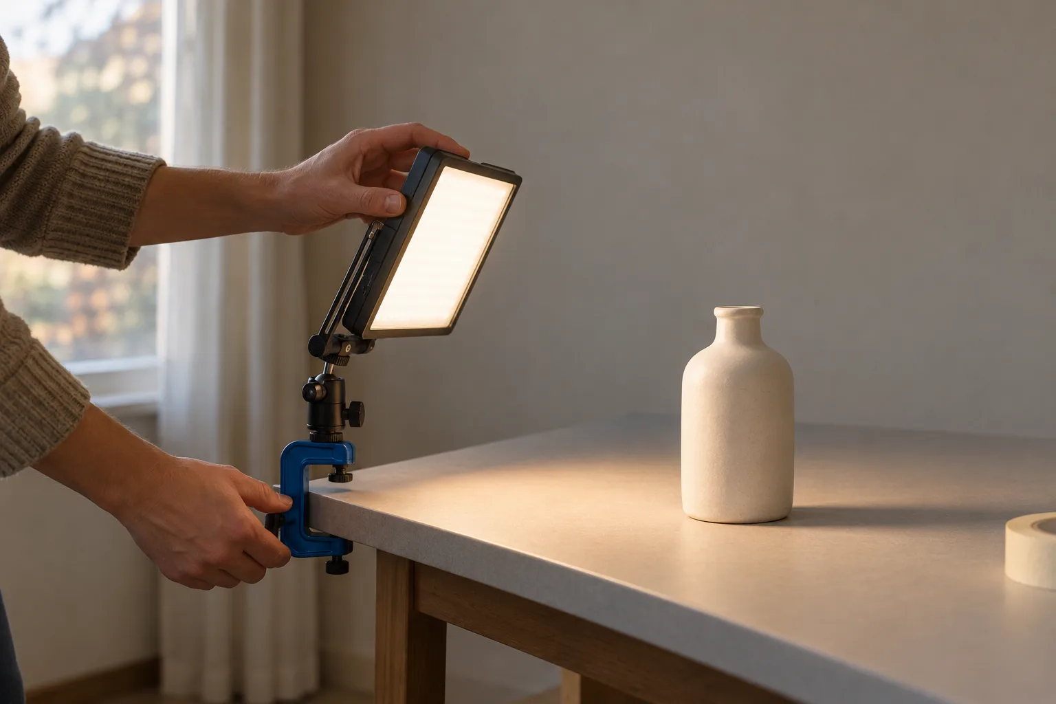 A pair of hands adjusting a small LED light panel clamped to a desk edge with an electric-blue clamp, a plain ceramic bottle standing in its light.