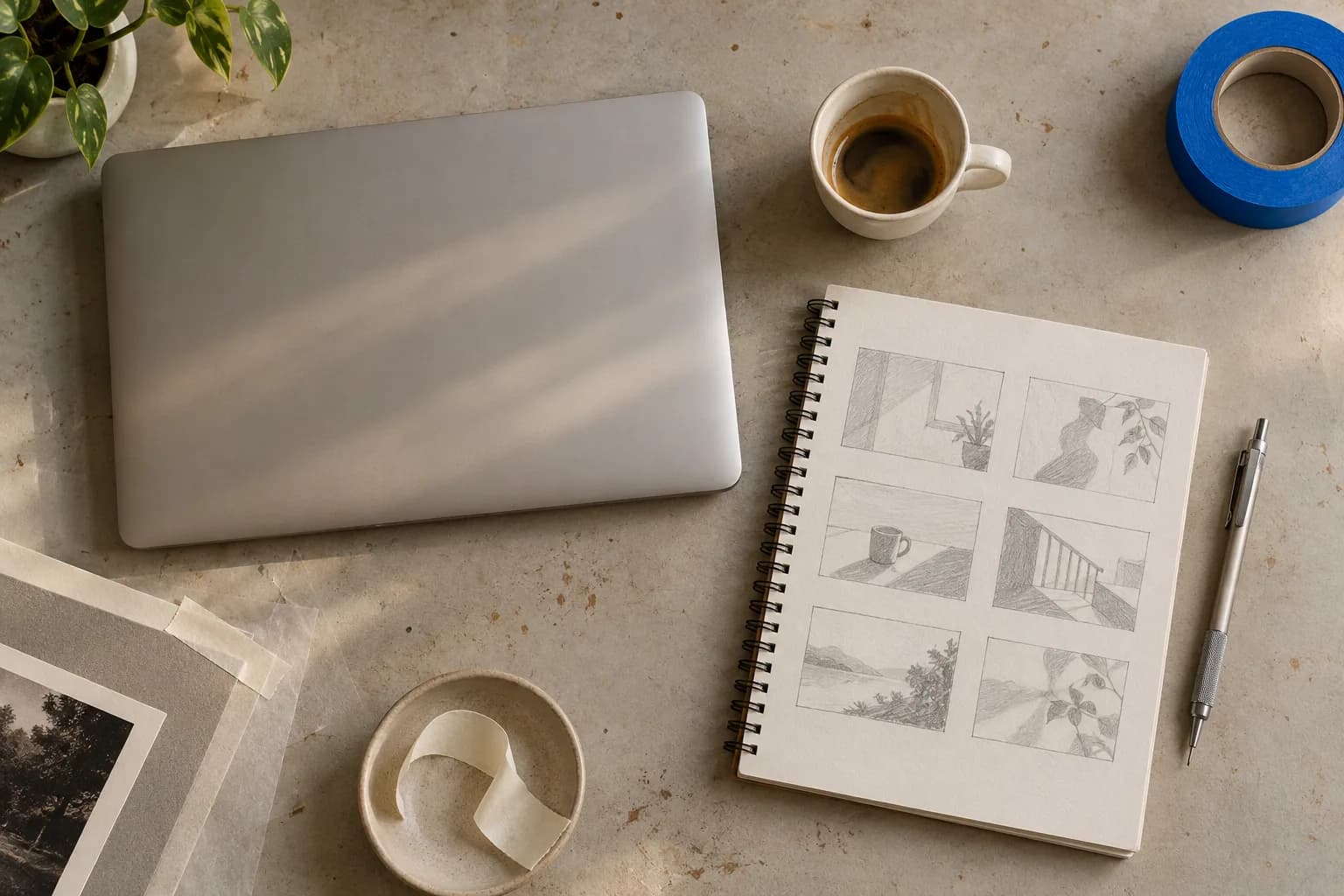 A studio desk seen from directly above: a closed laptop, an open spiral notebook with hand-drawn storyboard rectangles, a mechanical pencil, a half-drunk espresso and a roll of electric-blue gaffer tape in the corner.