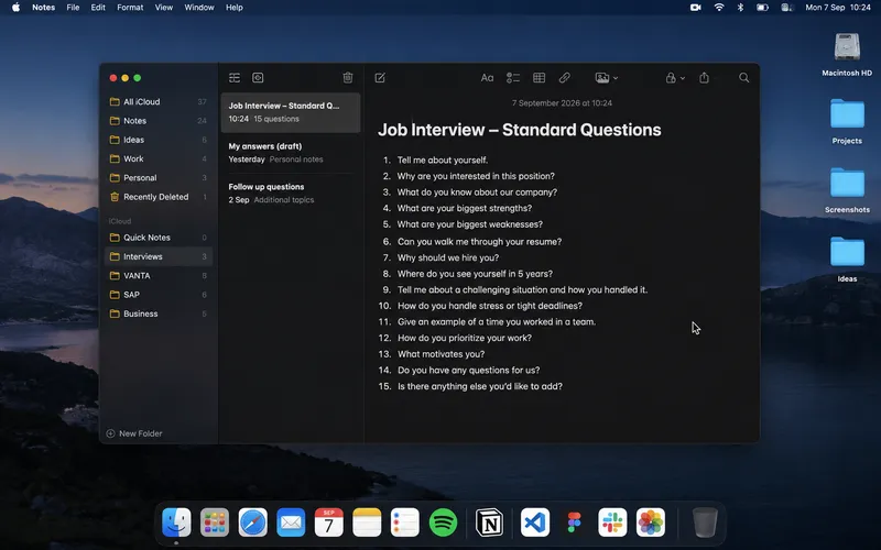 Geteilter Bildschirm mit Interviewnotizen