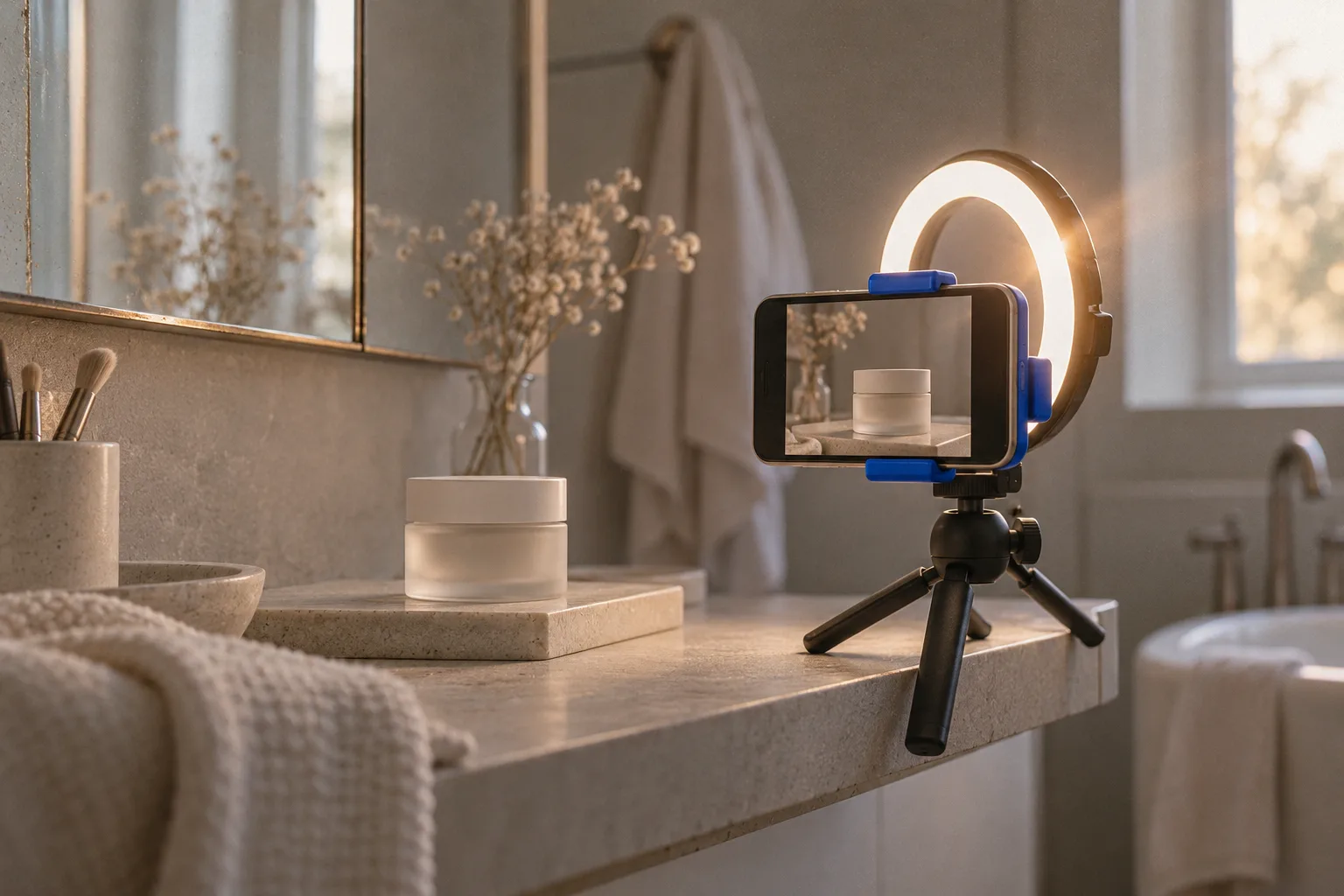 A smartphone in an electric-blue cradle on a small tripod with a ring light, filming a frosted glass cosmetic jar on a bathroom shelf.