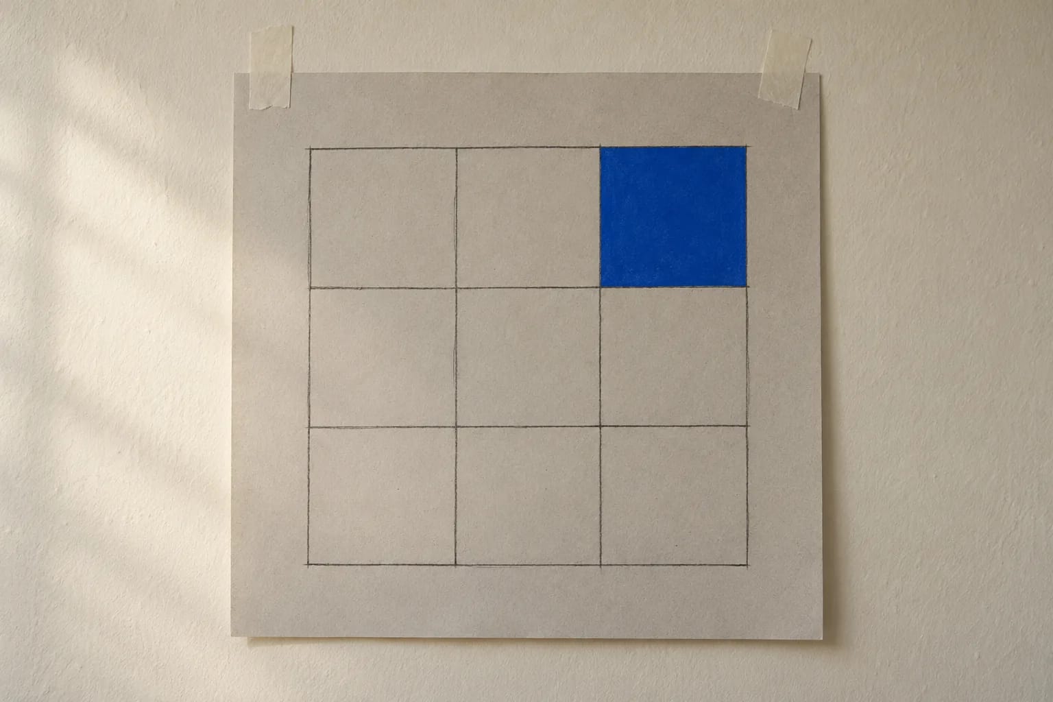 A hand-drawn calendar grid of nine empty squares on a large sheet of paper pinned to a wall with electric-blue tape, one square filled with a solid blue block.