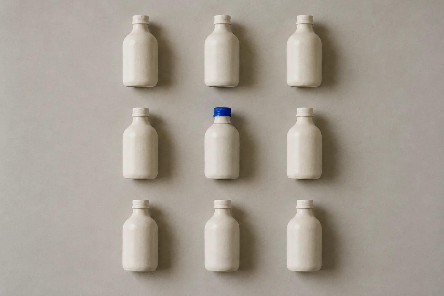 The same matte ceramic bottle repeated nine times in a three-by-three grid on warm grey paper, shot from above, one bottle with an electric-blue cap.