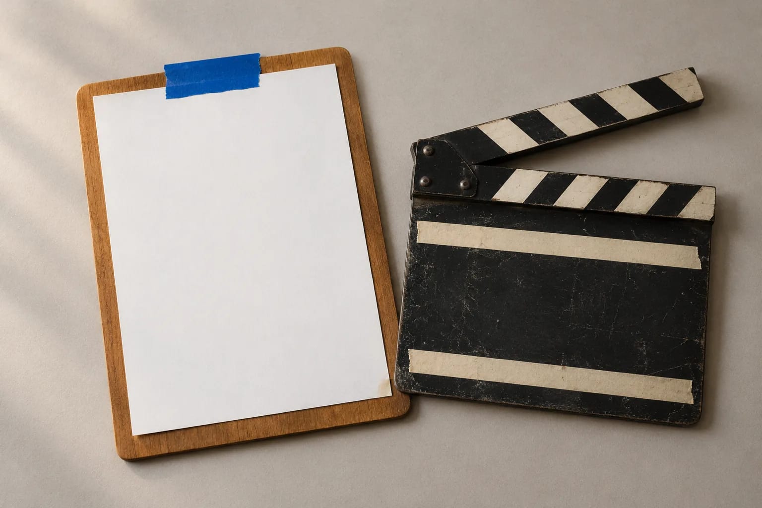 A wooden clipboard holding a blank white sheet pinned at the top with a torn strip of electric-blue tape, lying beside a worn black clapperboard on warm grey paper.