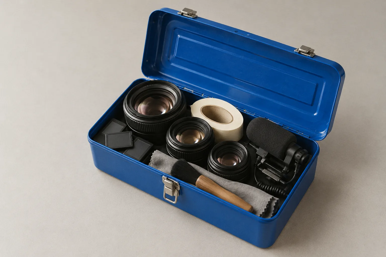 An open electric-blue metal toolbox on warm grey paper filled with camera lenses, a roll of off-white tape, a small microphone, memory cards and a cleaning brush.