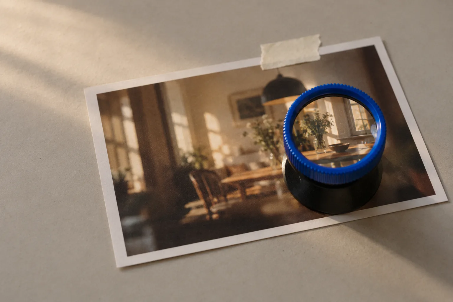 A photographer's loupe with an electric-blue rim standing on a printed film still of a blurred interior scene, on warm grey paper.
