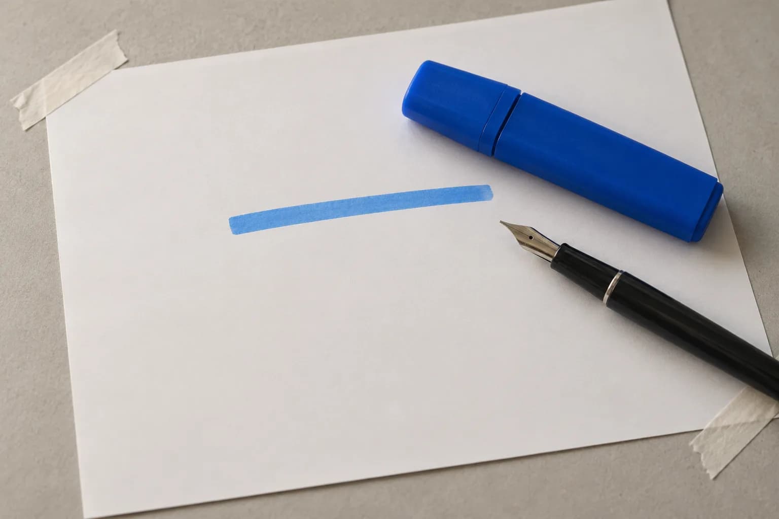 An electric-blue highlighter lying on a blank white page with one solid blue highlighted stripe, a fountain pen beside it, on warm grey paper.