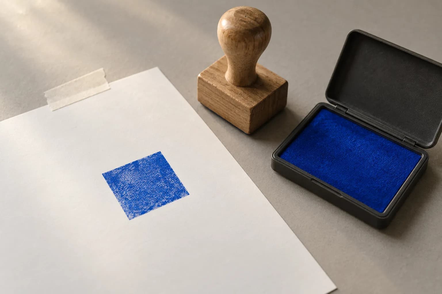 A wooden rubber stamp with its face hidden, an open ink pad with electric-blue ink and a fresh square blue stamp impression on a blank white page lying on warm grey paper.
