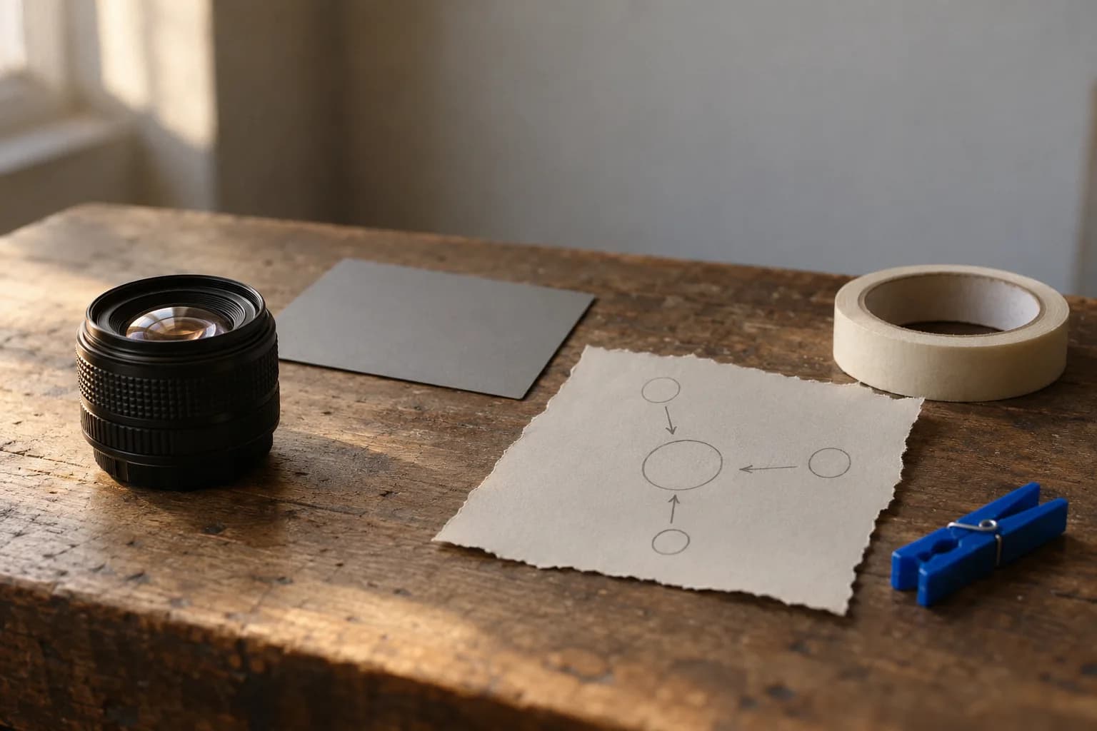 A tabletop with a camera lens, a grey card, a roll of off-white tape and a torn sheet of paper carrying a hand-drawn lighting diagram of circles and arrows, with one electric-blue clothes peg.