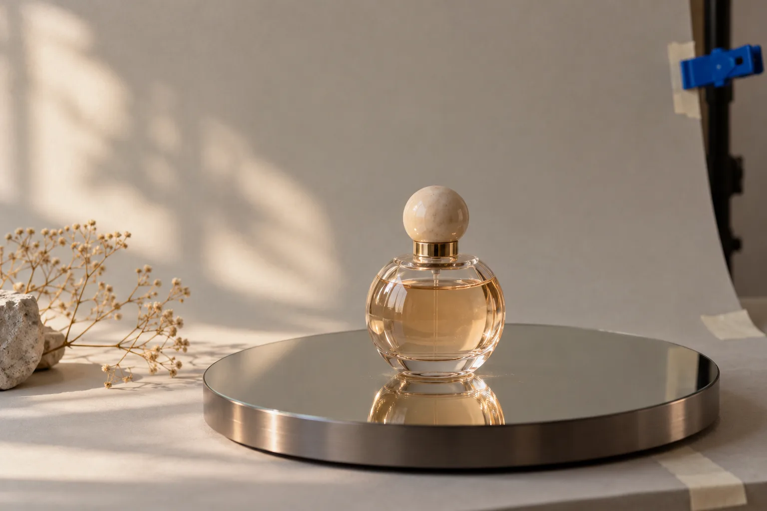 A small perfume bottle on a mirrored turntable in front of a warm grey backdrop, with an electric-blue backdrop clip visible at the edge of the frame and shallow depth of field.