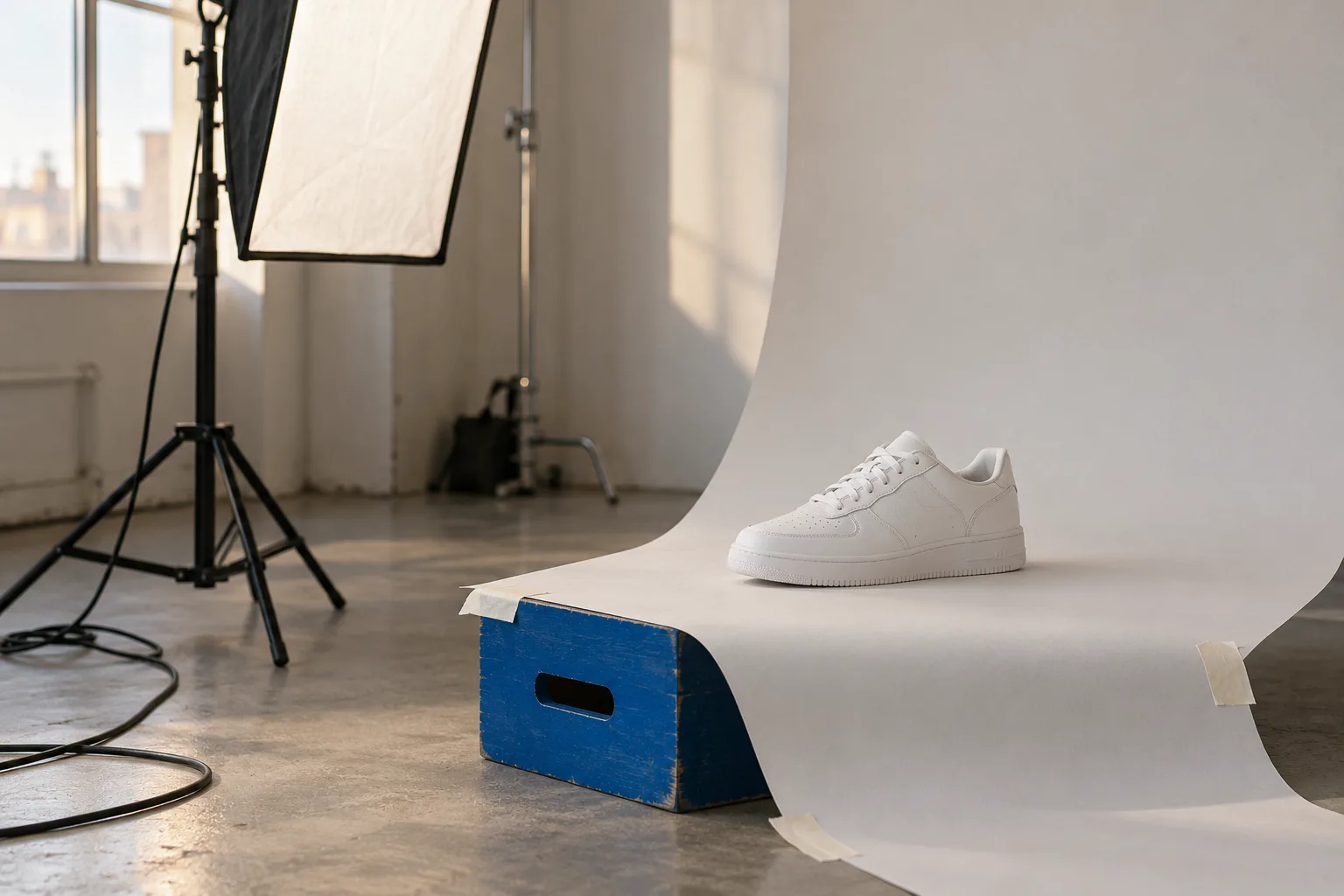 A product photography set with a white paper sweep, a softbox on a stand, a plain white sneaker on the sweep, an electric-blue wooden apple box used as a riser and cables on the floor.
