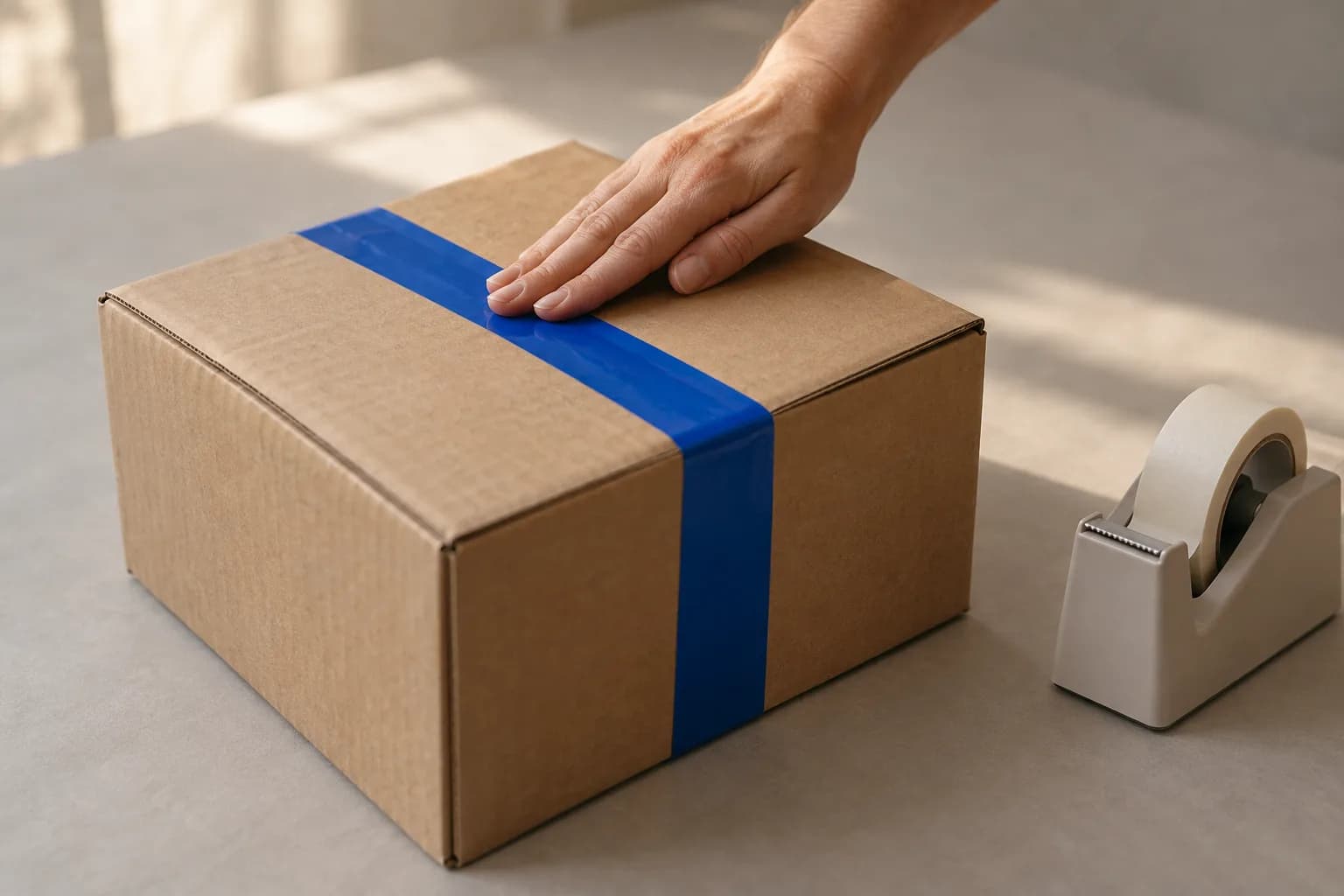 A hand sealing a plain cardboard parcel box with electric-blue packing tape on warm grey paper, a tape dispenser beside it.