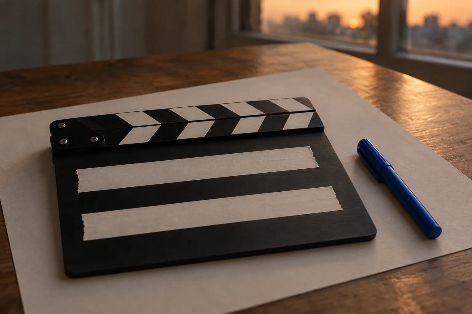 A closed black clapperboard on a desk at dusk, warm grey paper underneath, an electric-blue marker pen lying beside it as the last window light fades.