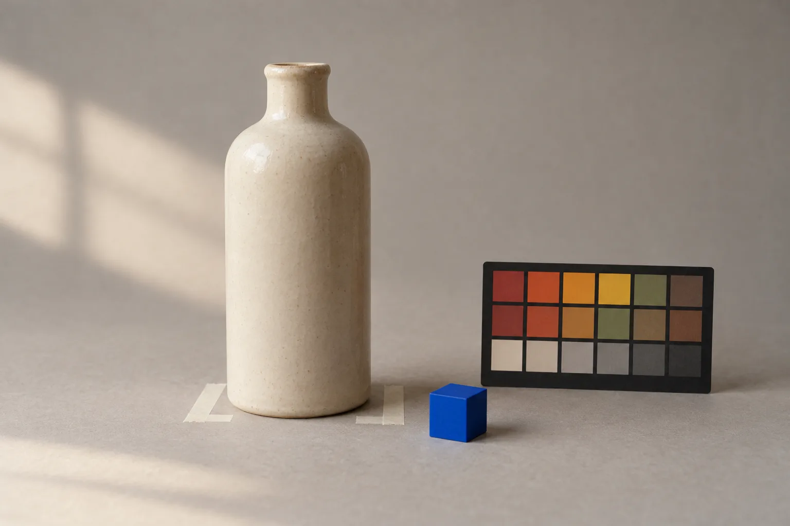 A plain ceramic bottle beside a photographic colour checker card and a small electric-blue reference cube on warm grey paper, with off-white tape marks where the bottle must stand.
