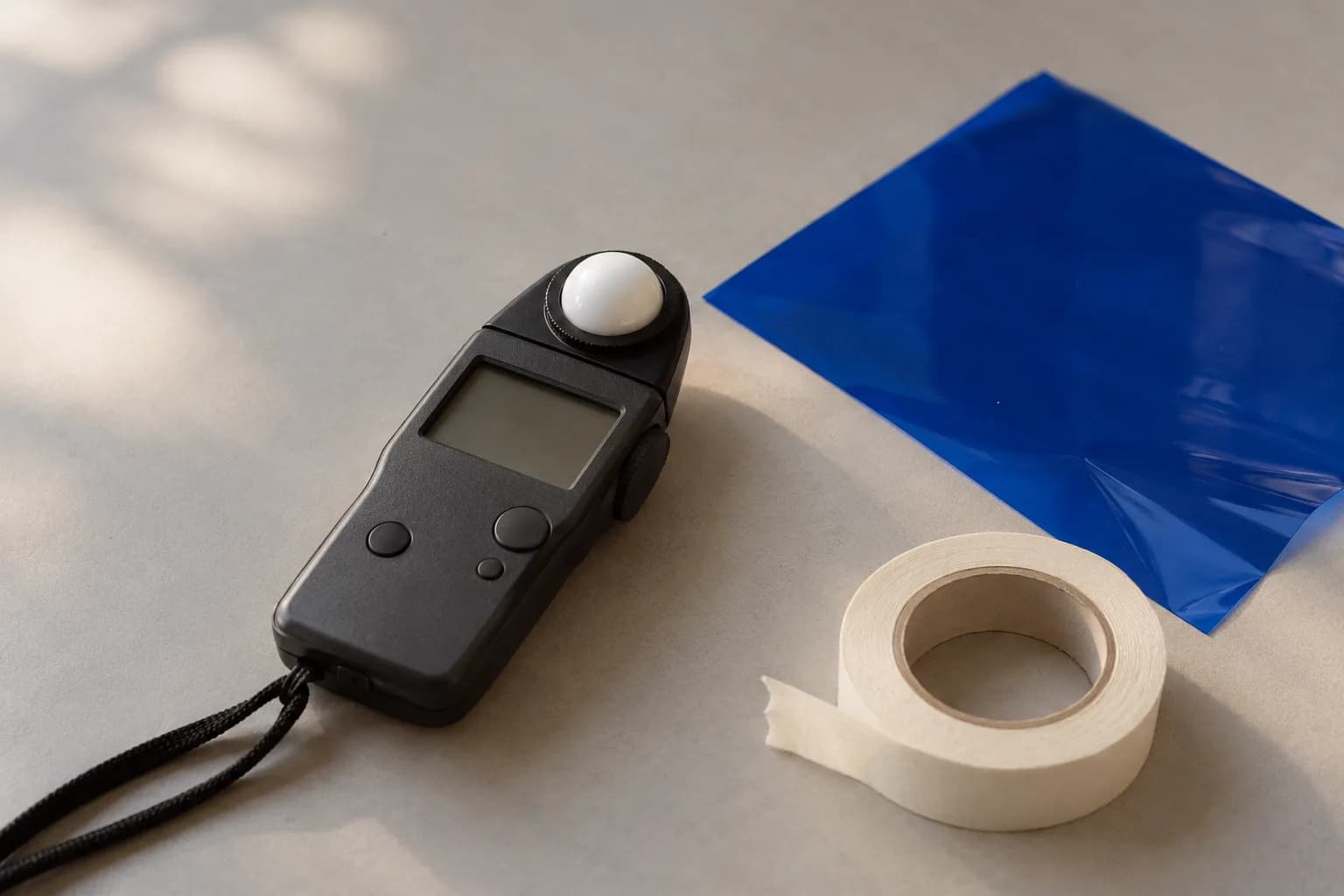 A handheld light meter lying on warm grey paper beside a sheet of electric-blue lighting gel and a strip of off-white masking tape.