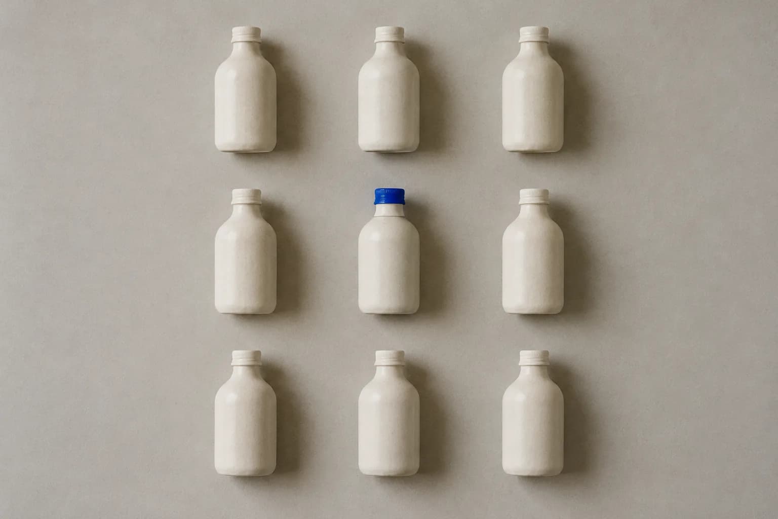 The same matte ceramic bottle repeated nine times in a three-by-three grid on warm grey paper, shot from above, one bottle with an electric-blue cap.